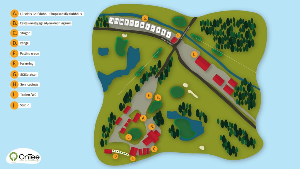 Områdeskarta över Ljusdals Golfklubb: klubbhus, range, stugor och ställplatser.