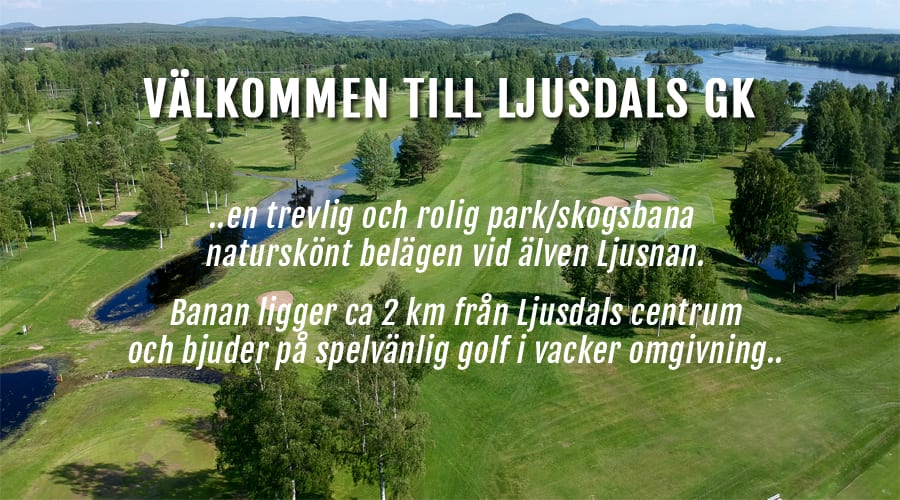 Vy över Ljusdals golfbana med tallskog och älven Ljusnan i bakgrunden.